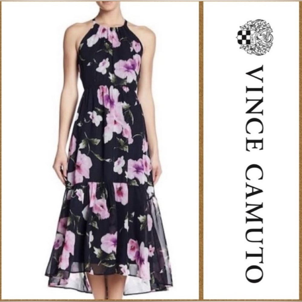 Vince Camuto Floral Chiffon Halter Maxi Dress Navy Pink Ruffle